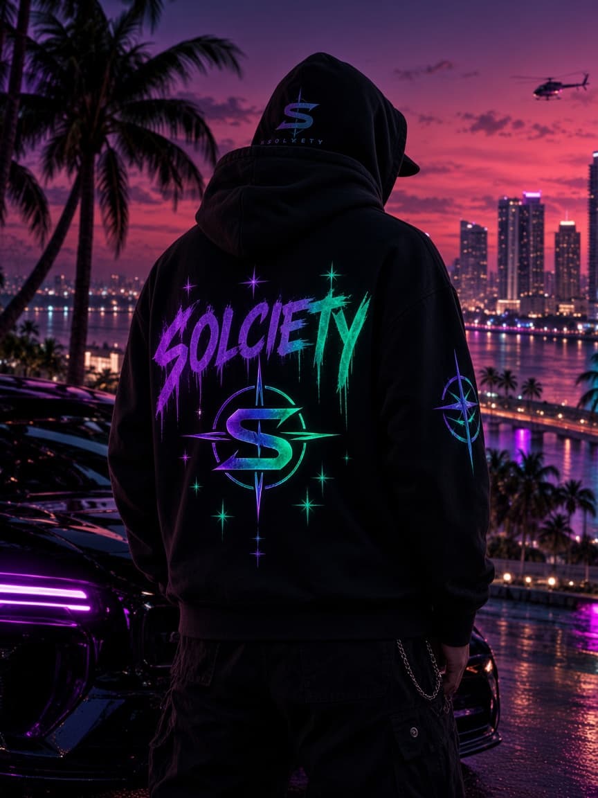 SOLCIETY member in a printed night hoodie against a tropical city skyline